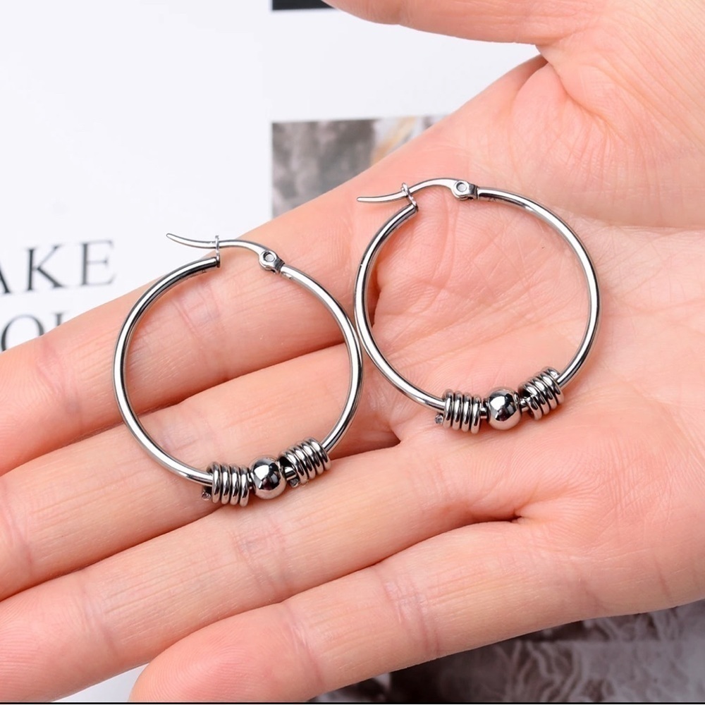 3 For $35 Sterling Silver Beaded Hoop Earrings - Picture 2 of 3